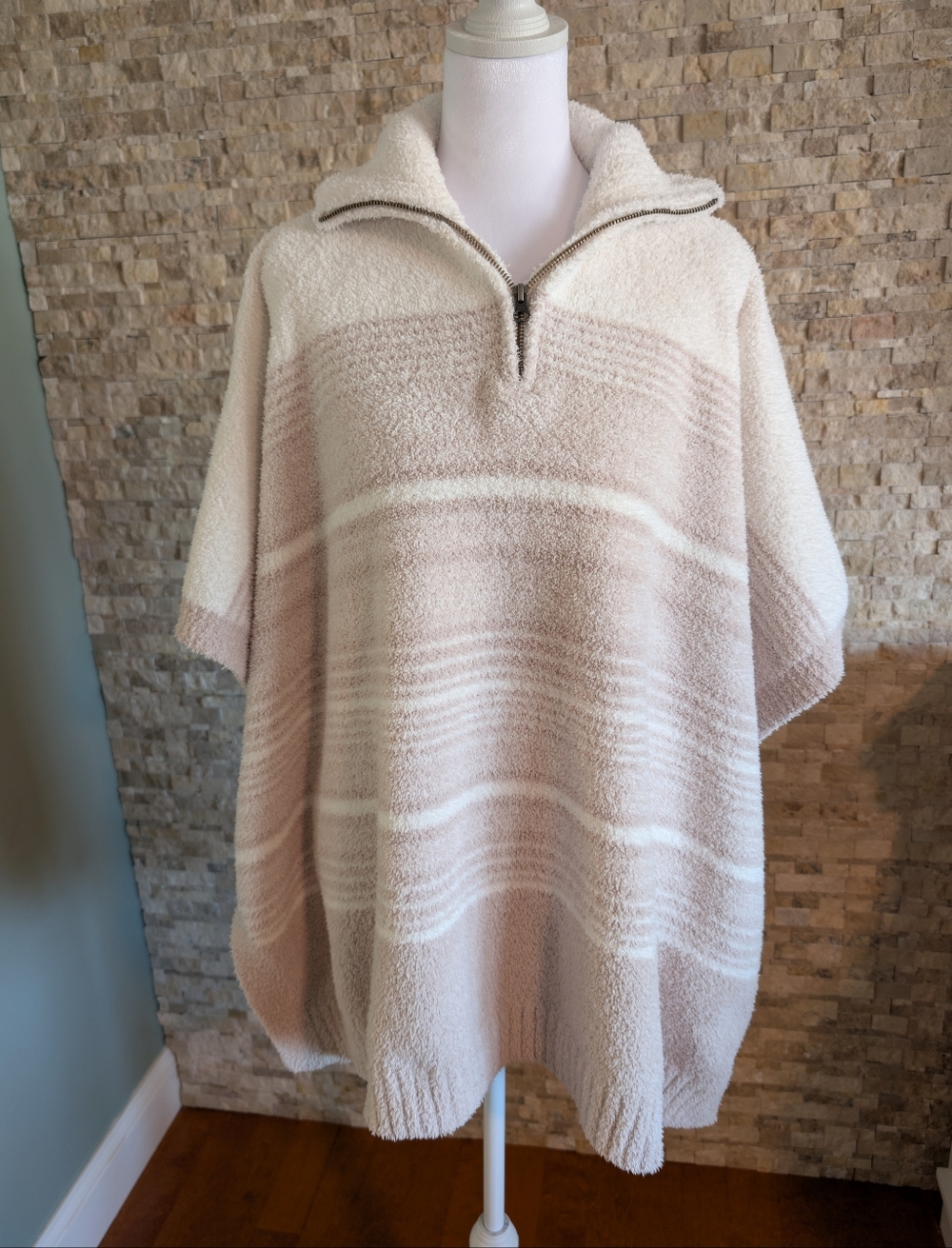 Barefoot Dreams CozyChic Quarter Zip Poncho in Cream Stone Stripe One Size